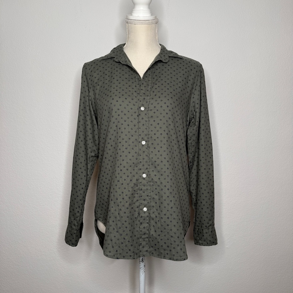 Frank & Eileen Olive Black Star Print Cotton Button Down Shirt Relaxed Size S